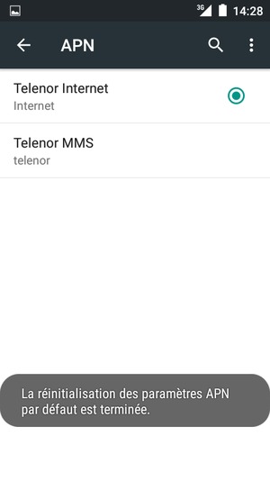 Votre téléphone va être réinitialisé avec les paramètres Internet et MMS par défaut