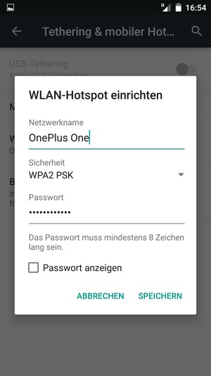 Geben Sie eine WLAN-Hotspot-Passwort mit mindestens 8 Zeichen ein und wählen Sie SPEICHERN