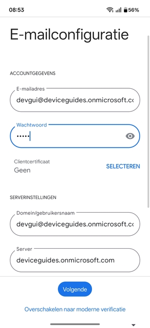 Voer Gebruikersnaam en Exchange serveradres in. Selecteer Volgende