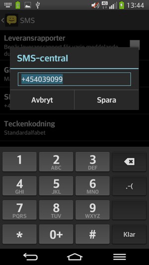 Ange SMS-central-numret och välj Spara