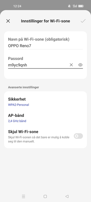 Skriv inn et Wi-Fi hotspot-passord på minst 8 tegn og velg OK