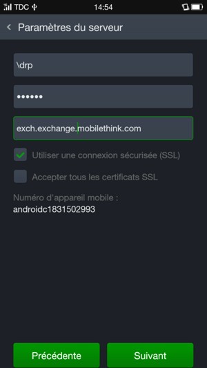 Saisissez votre Nom d'utilisateur et l'adresse du serveur Exchange. Sélectionnez Suivant