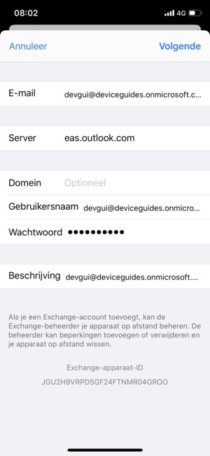 Voer uw Exchange e-mailgegevens in en selecteer Volgende