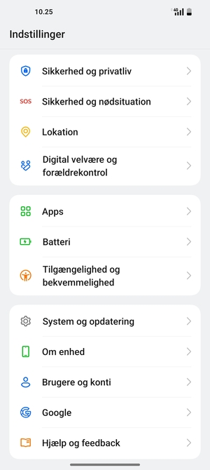 Scroll til og vælg Sikkerhed og privatliv