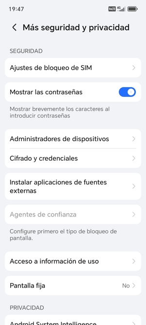 Seleccione Ajustes de  bloqueo de SIM