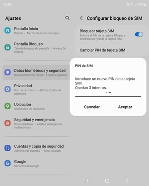 Introduzca su Nuevo PIN de la tarjeta SIM y seleccione Aceptar