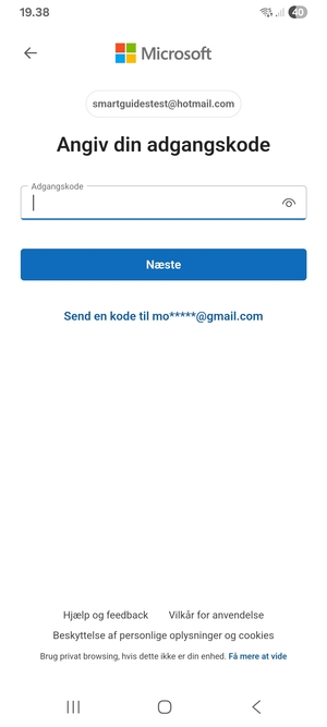 Indtast din adgangskode og vælg Næste