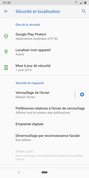 Pour activer votre écran de verrouillage, allez dans le menu Sécurité et localisation et sélectionnez Verrouillage de l'écran