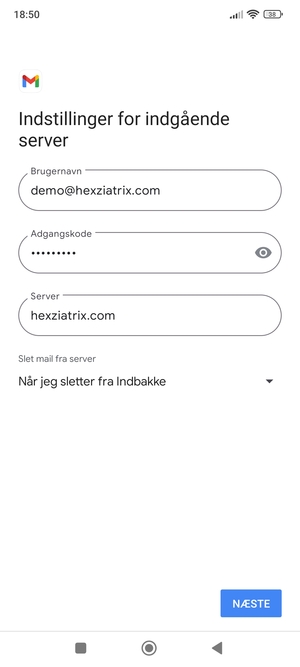 Indtast Brugernavn og indgående serveradresse. Vælg NÆSTE