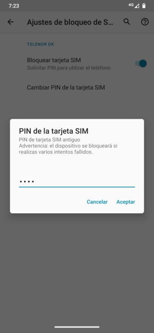 Introduzca su PIN de la tarjeta SIM antiguo y seleccione Aceptar