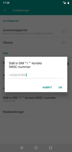 Ange SIM-kortets SMSC-nummer och välj OK