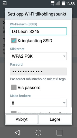 Skriv inn et passord på minst 8 tegn og velg Lagre