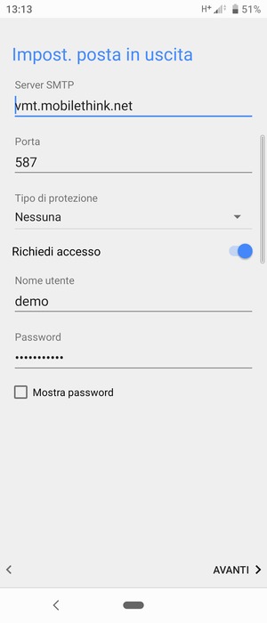 Inserisci l'indirizzo del server di posta in uscita