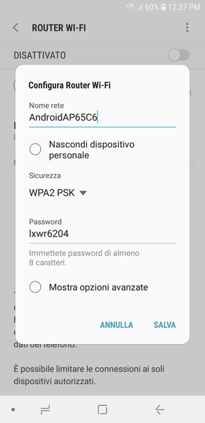 Inserisci una password di almeno 8 caratteri e seleziona SALVA