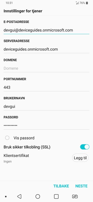 Skriv inn Exchange serveradresse og BRUKERNAVN. Velg NESTE