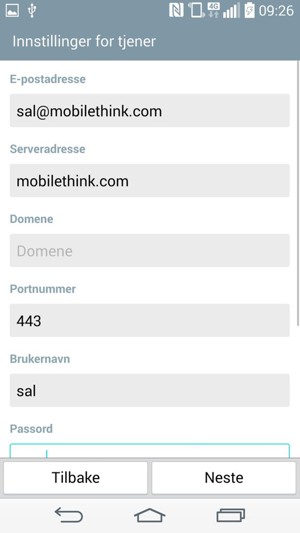 Skriv inn Exchange serveradresse og Brukernavn. Velg Neste
