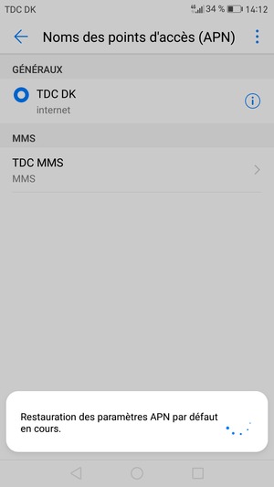 Votre téléphone va être réinitialisé avec les paramètres Internet et MMS par défaut