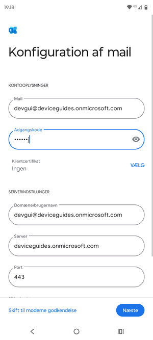 Indtast Brugernavn og Exchange serveradresse. Vælg Næste