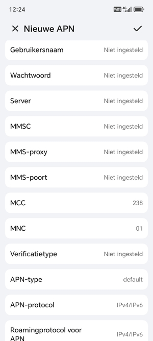 Scroll naar beneden en voer mms-gegevens in