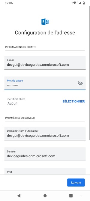 Saisissez votre Nom d'utilisateur et l'adresse du serveur Exchange. Sélectionnez Suivant