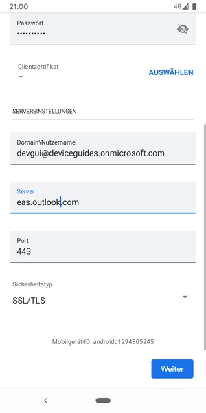 Geben Sie Benutzername und Exchange Server-Adresse ein. Wählen Sie Weiter