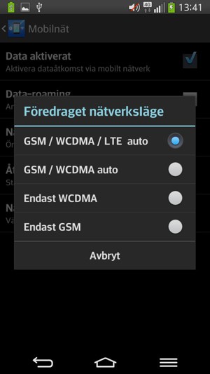 Välj Endast GSM för att aktivera 2G