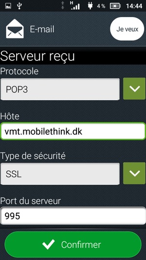 Saisissez l'adresse de serveur entrant