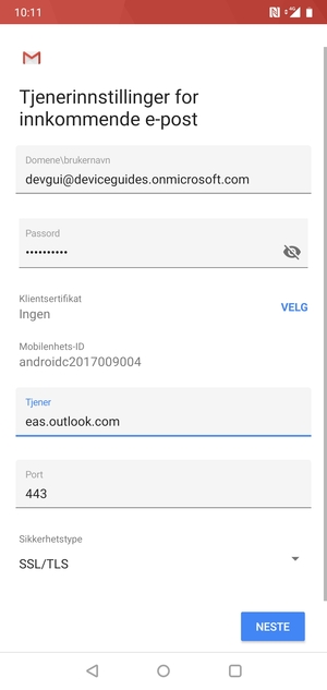 Skriv inn Brukernavn og Exchange serveradresse. Velg NESTE