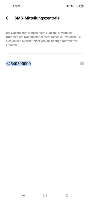 Geben Sie die SMS-Mitteilungszentralenummer ein