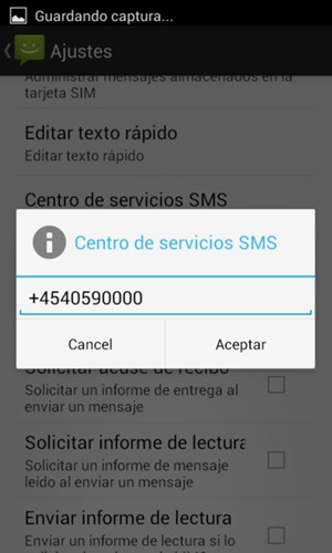 Introduzca el número de Centro de servicios SMS y seleccione Aceptar