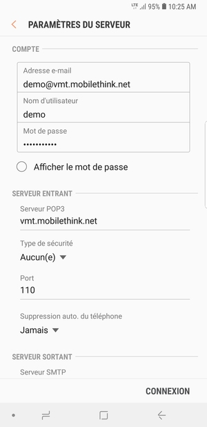 Saisissez votre Nom d'utilisateur et l'adresse du serveur entrant