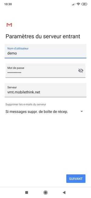 Saisissez votre Nom d'utilisateur et l'adresse du serveur entrant. Sélectionnez SUIVANT