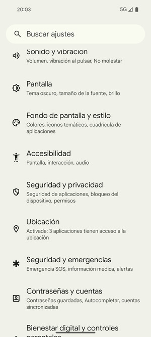 Desplácese y seleccione Seguridad y privacidad