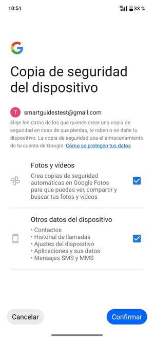 Seleccione la opciones deseada y seleccione Confirmar