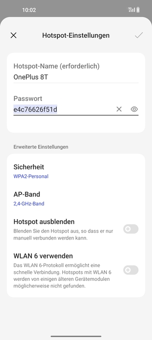Geben Sie eine WLAN-Hotspot-Passwort mit mindestens 8 Zeichen ein und wählen Sie OK