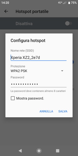 Inserisci una password dell'hotspot Wi-Fi di almeno 8 caratteri e seleziona SALVA
