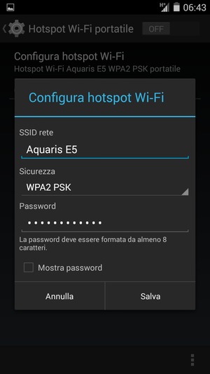 Inserisci una password dell'hotspot Wi-Fi di almeno 8 caratteri e seleziona Salva