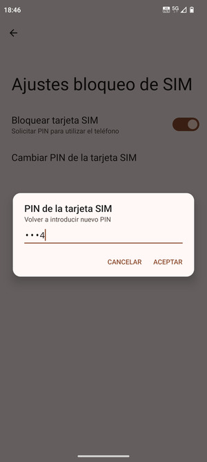 Confirme su nuevo PIN de tarjeta SIM y seleccione ACEPTAR