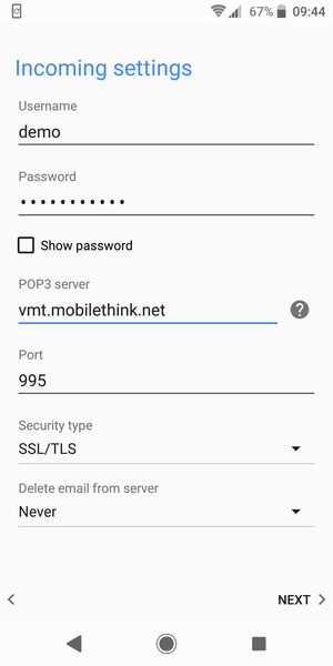 Enter Username and Incoming server address