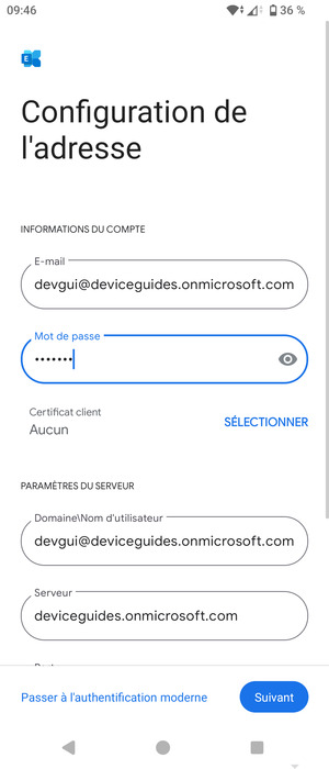 Saisissez votre Nom d'utilisateur et l'adresse du serveur Exchange. Sélectionnez Suivant