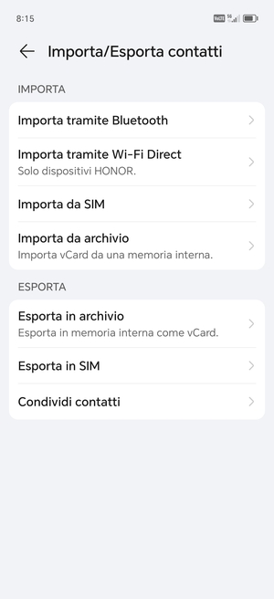 Seleziona Importa da SIM