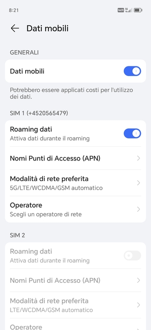 Attiva o disattiva Roaming dati