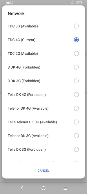 Select a network operator from the list