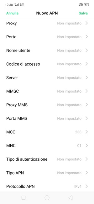 Scorri verso il basso e inserisci le informazioni di internet
