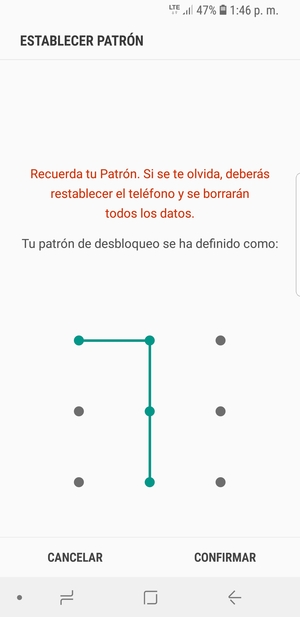 Dibuje de nuevo el patrón de desbloqueo y seleccione CONFIRMAR