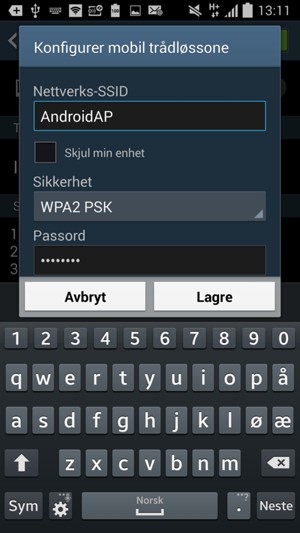 Skriv inn et passord på minst 8 tegn og velg Lagre