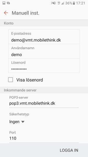 Ange Användarnamn och inkommande serveradress
