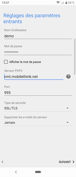 Saisissez votre Nom d'utilisateur et l'adresse du serveur entrant