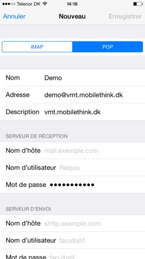 Sélectionnez POP ou IMAP et saisissez les informations e-mail pour SERVEUR DE RÉCEPTION