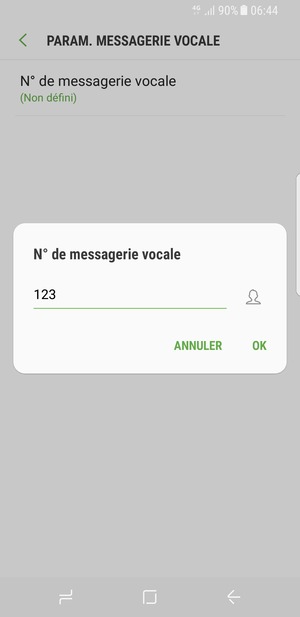Saisissez le N° de messagerie vocale et sélectionnez OK